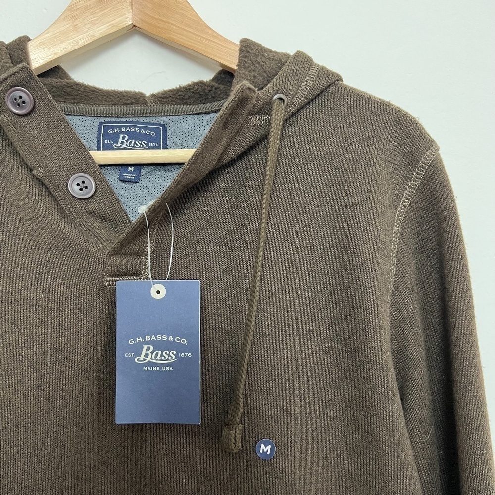 NWT G.H. BASS Co Brown 1/4 Button‎ Fleece Lined Pullover Hoodie Knit Pullover M - Picture 6 of 13